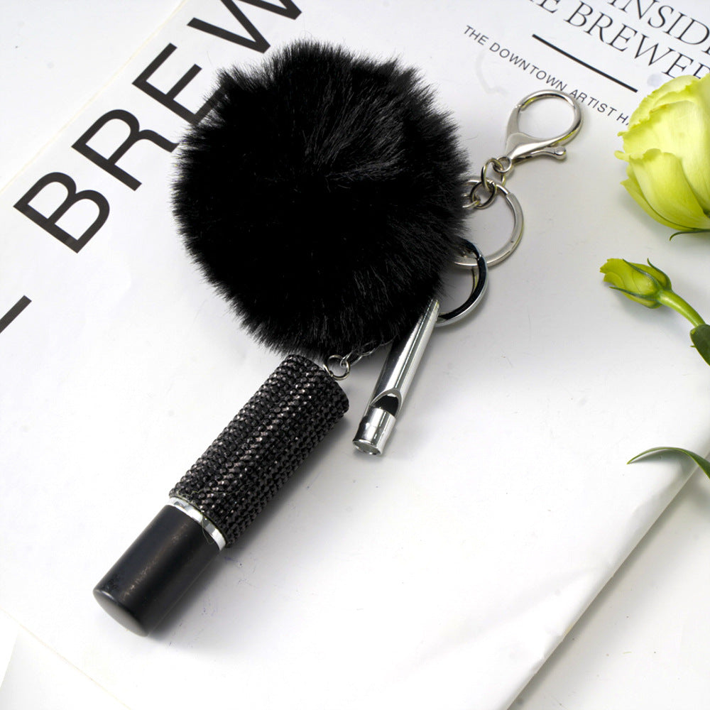 Wholesale Fur Ball Rhinestone Perfume Bottle Whistle Combination Keychain